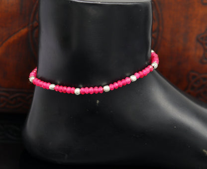 Elegant TRIBAL ORNAMENTS anklet with semi-precious ruby stones and 925 silver beads, custom-made beaded jewelry for ankles.