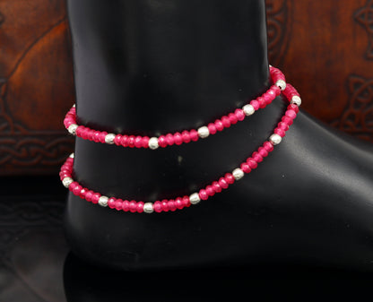 Elegant Tribal Ornaments anklet with semi-precious ruby stones and 925 silver beads, handcrafted beaded jewelry for ankles.