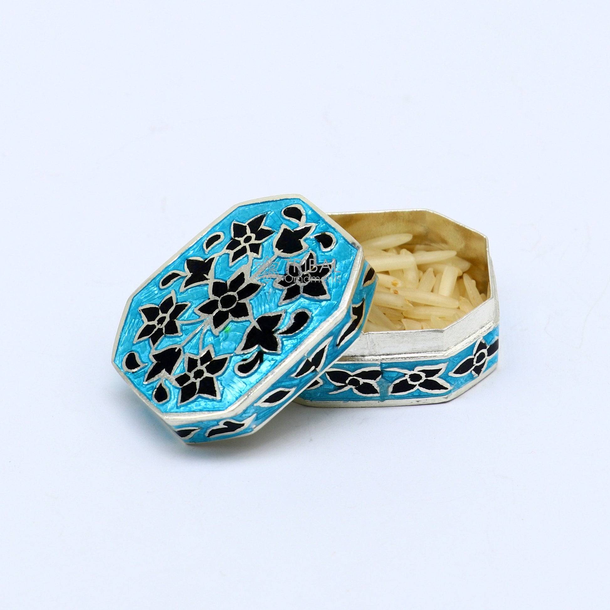 Enamel work 925 sterling silver trinket box, casket box, container, Sindoor box vintage design enamel brides jewelry stb778 - TRIBAL ORNAMENTS