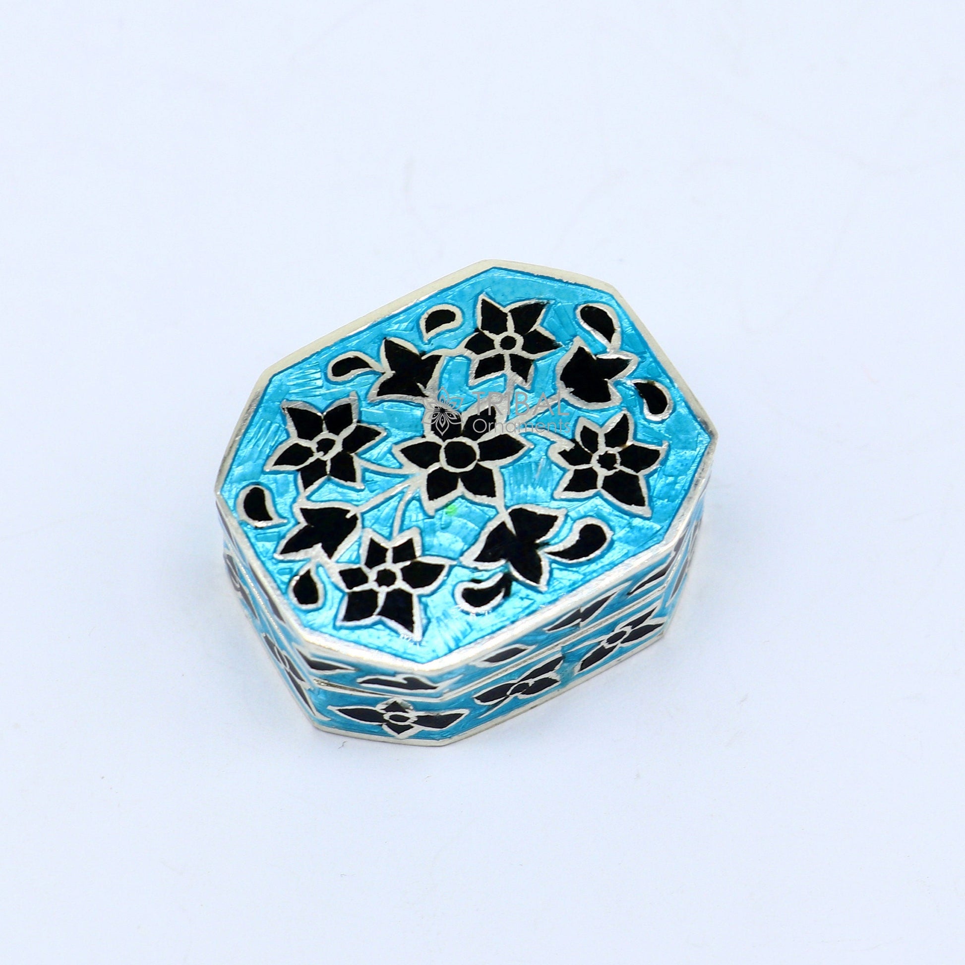 Enamel work 925 sterling silver trinket box, casket box, container, Sindoor box vintage design enamel brides jewelry stb778 - TRIBAL ORNAMENTS