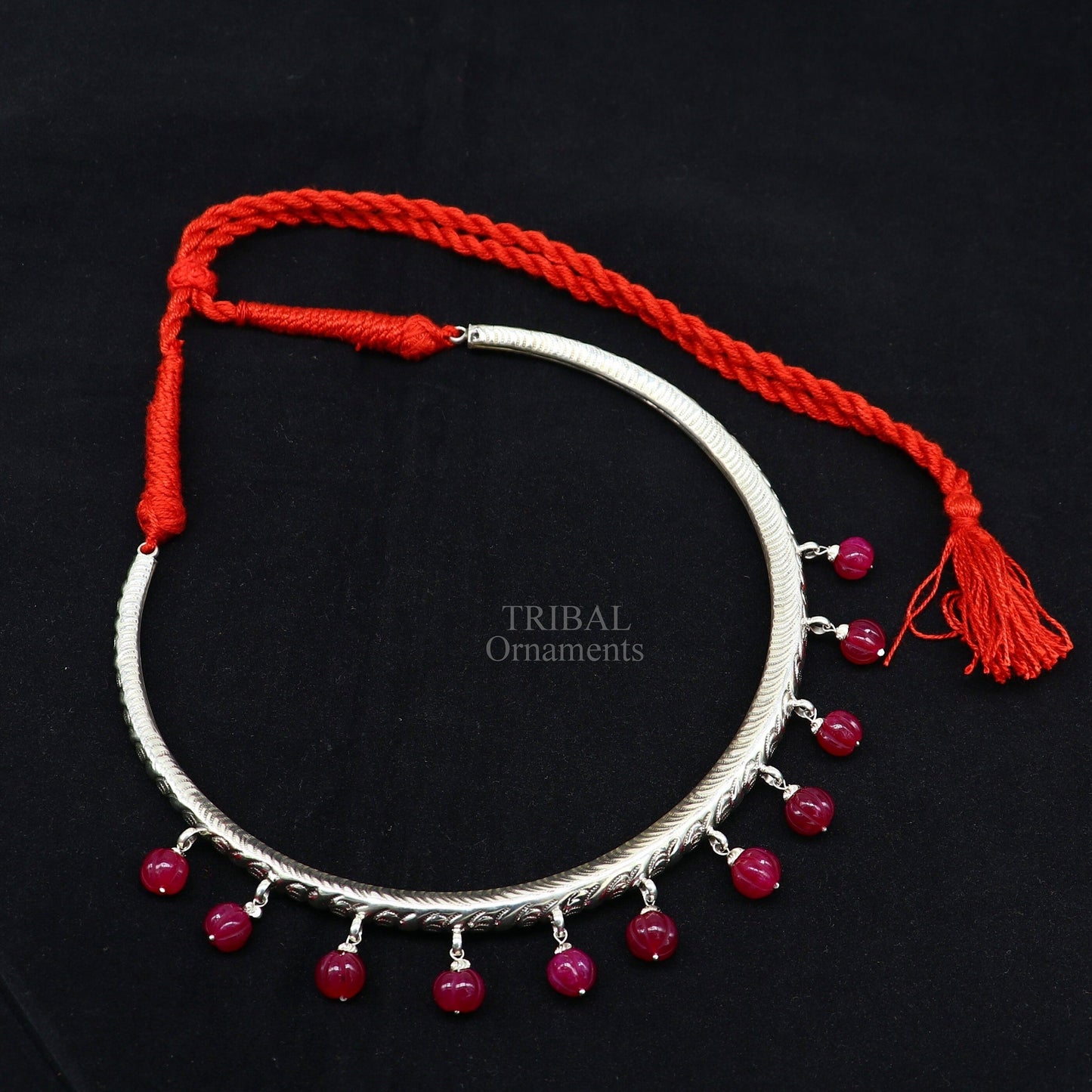 Sterling silver tribal choker necklace with vintage chitai and kandrai work, featuring intricate ethnic design for belly dance or Banjara jewelry.