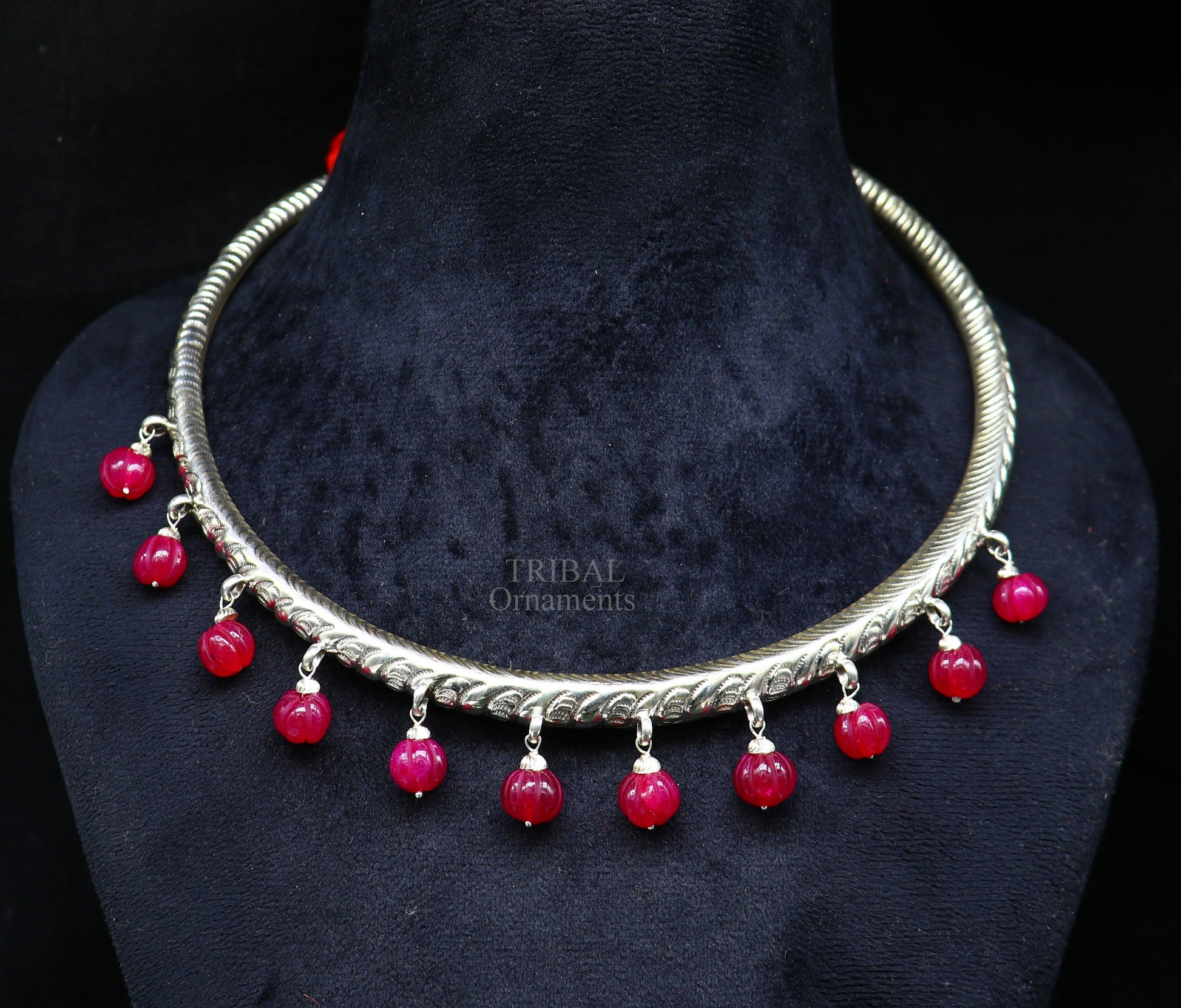 Sterling silver ethnic choker necklace with vintage chitai and kandrai work, tribal Banjara jewelry design for belly dance costumes