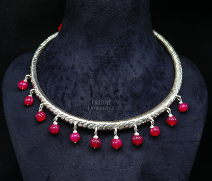 Sterling silver ethnic choker necklace with vintage chitai and kandrai work, tribal Banjara jewelry design for belly dance costumes