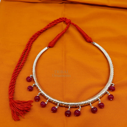 Sterling silver ethnic choker necklace with vintage chitai and kandrai work, tribal design for belly dance or Banjara jewelry.