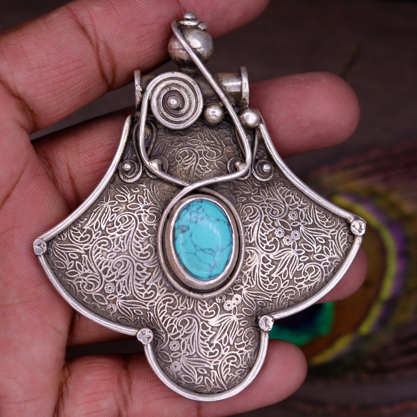 Excellent turquoise stone 925 sterling silver fabulous antique stylish pendant pretty attractive tribal jewelry from india nsp243 - TRIBAL ORNAMENTS
