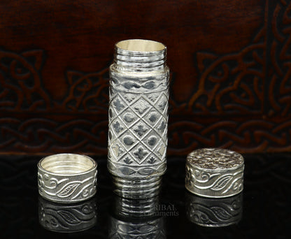Handmade 925 solid silver small tobacco and fennel storage box with intricate tribal design, suitable as men's accessory.