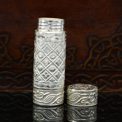 Handmade small silver tobacco box with intricate tribal designs, crafted from fine solid 925 silver, perfect for men's accessories.
