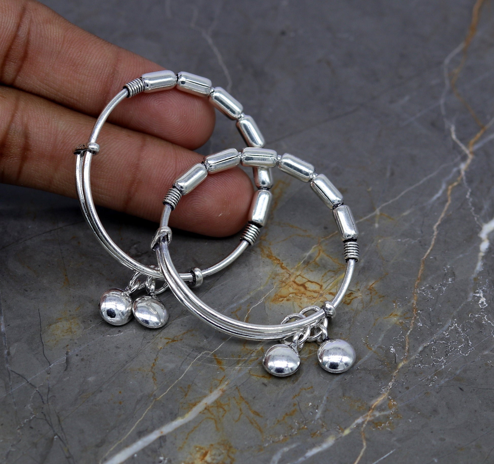 Exclusive 925 sterling silver handmade adjustable baby bangle kada bracelet, fabulous heart shape hangings charm bangles unisex kids bbk72 - TRIBAL ORNAMENTS