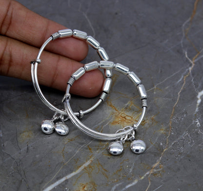 Exclusive 925 sterling silver handmade adjustable baby bangle kada bracelet, fabulous heart shape hangings charm bangles unisex kids bbk72 - TRIBAL ORNAMENTS