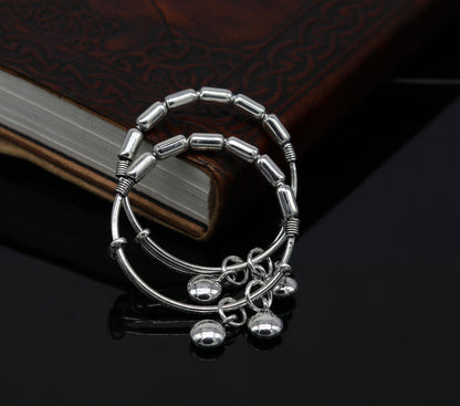 Exclusive 925 sterling silver handmade adjustable baby bangle kada bracelet, fabulous heart shape hangings charm bangles unisex kids bbk72 - TRIBAL ORNAMENTS