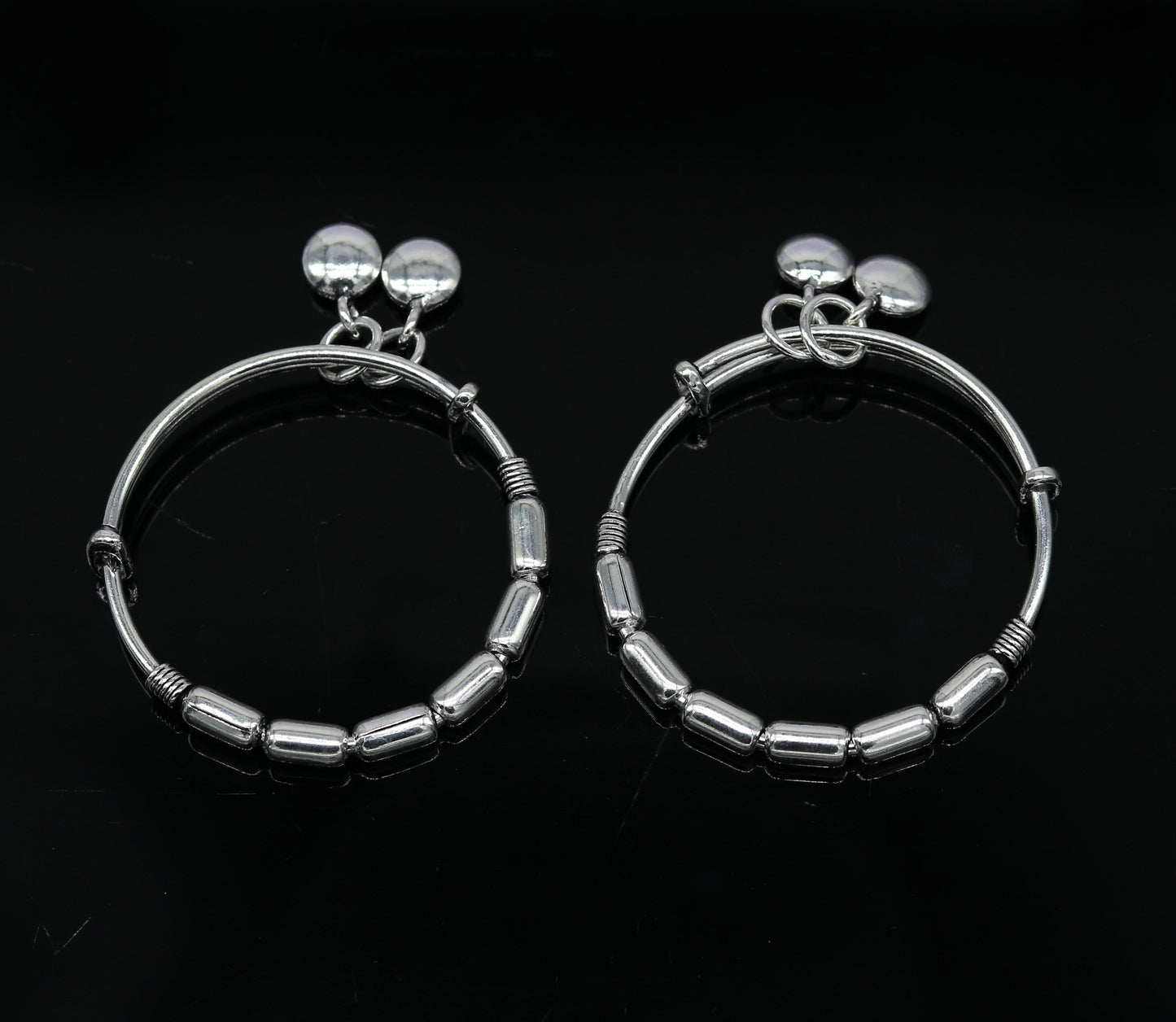 Exclusive 925 sterling silver handmade adjustable baby bangle kada bracelet, fabulous heart shape hangings charm bangles unisex kids bbk72 - TRIBAL ORNAMENTS