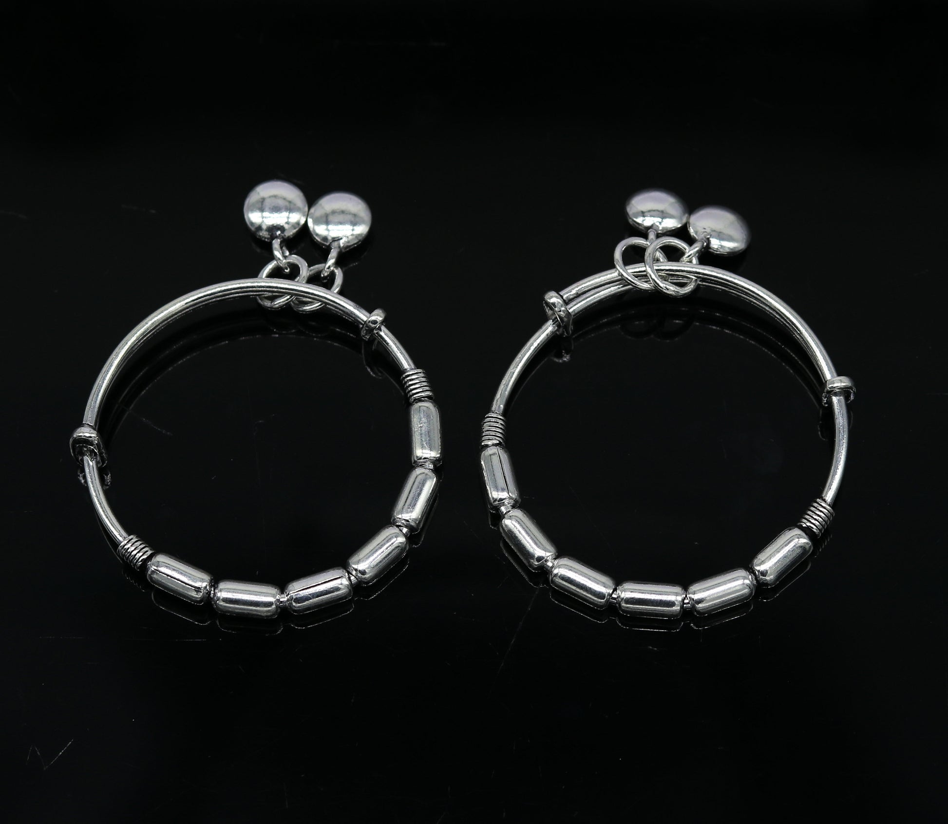 Exclusive 925 sterling silver handmade adjustable baby bangle kada bracelet, fabulous heart shape hangings charm bangles unisex kids bbk72 - TRIBAL ORNAMENTS