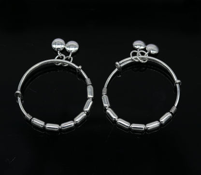 Exclusive 925 sterling silver handmade adjustable baby bangle kada bracelet, fabulous heart shape hangings charm bangles unisex kids bbk72 - TRIBAL ORNAMENTS