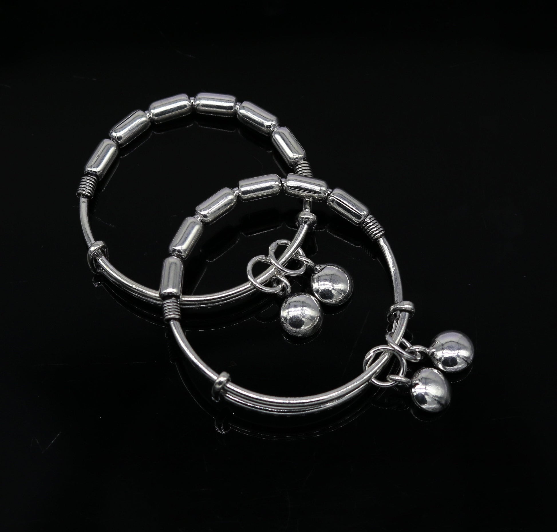 Exclusive 925 sterling silver handmade adjustable baby bangle kada bracelet, fabulous heart shape hangings charm bangles unisex kids bbk72 - TRIBAL ORNAMENTS