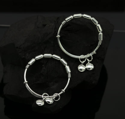 Exclusive 925 sterling silver handmade adjustable baby bangle kada bracelet, fabulous heart shape hangings charm bangles unisex kids bbk72 - TRIBAL ORNAMENTS