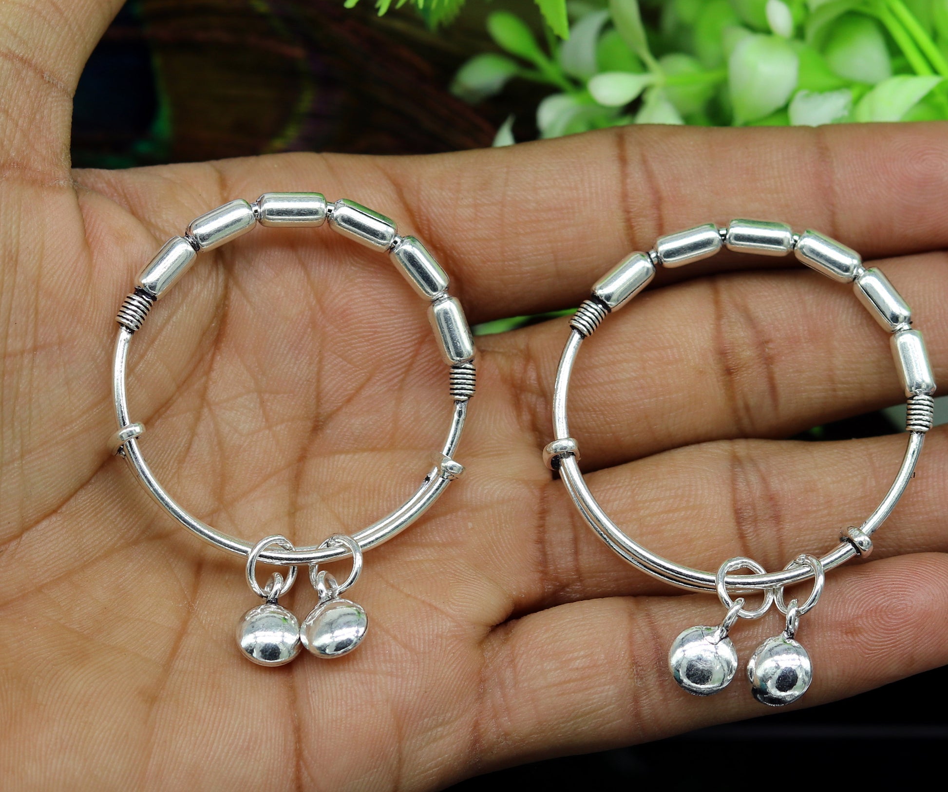 Exclusive 925 sterling silver handmade adjustable baby bangle kada bracelet, fabulous heart shape hangings charm bangles unisex kids bbk72 - TRIBAL ORNAMENTS