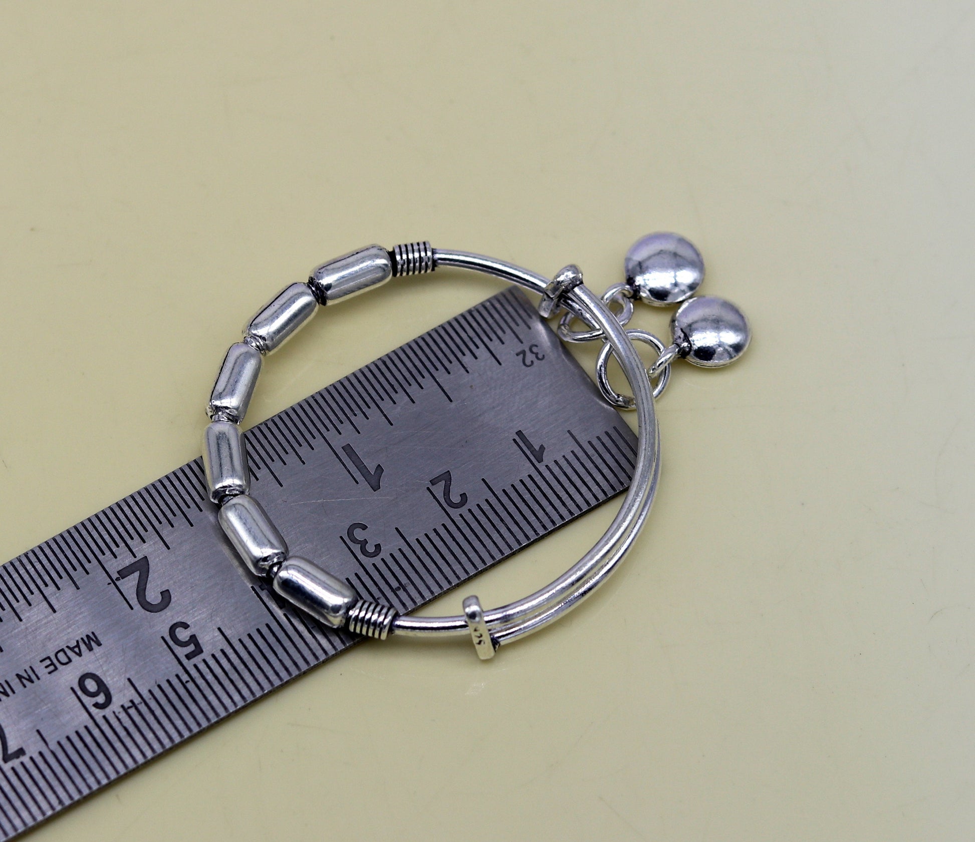 Exclusive 925 sterling silver handmade adjustable baby bangle kada bracelet, fabulous heart shape hangings charm bangles unisex kids bbk72 - TRIBAL ORNAMENTS