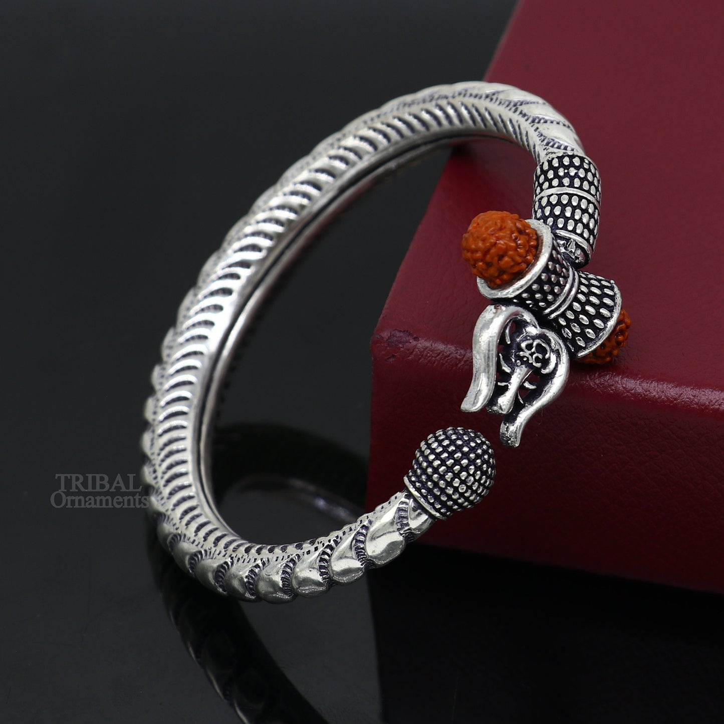 Exclusive 925 Sterling silver handmade chitai work Lord Shiva trident trishul bangle bracelet natural Rudraksha beads customized kada nsk440 - TRIBAL ORNAMENTS