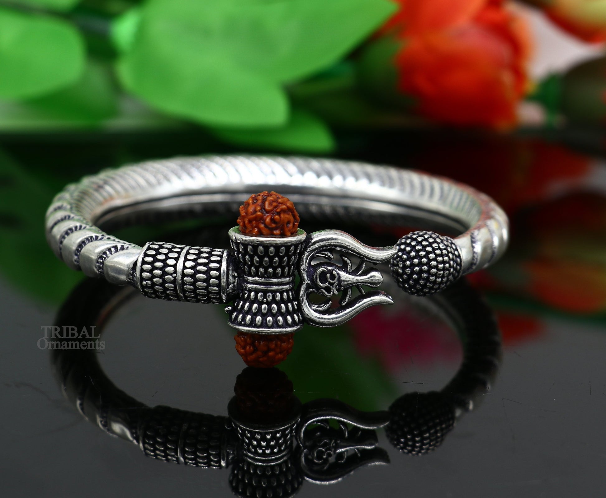 Exclusive 925 Sterling silver handmade chitai work Lord Shiva trident trishul bangle bracelet natural Rudraksha beads customized kada nsk440 - TRIBAL ORNAMENTS