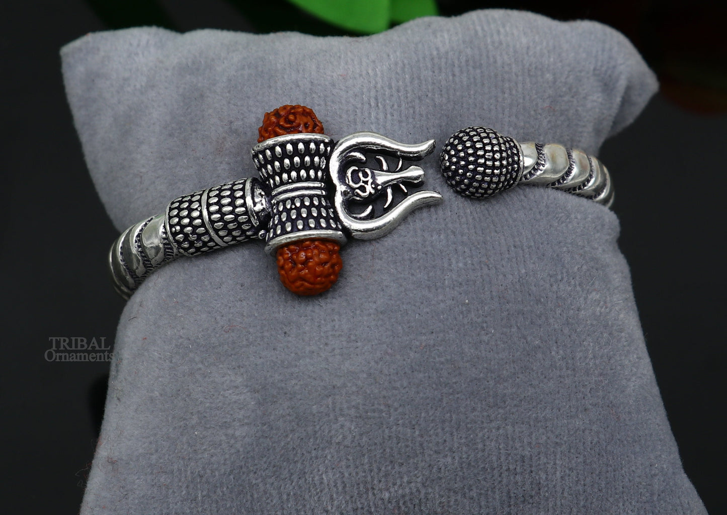 Exclusive 925 Sterling silver handmade chitai work Lord Shiva trident trishul bangle bracelet natural Rudraksha beads customized kada nsk440 - TRIBAL ORNAMENTS