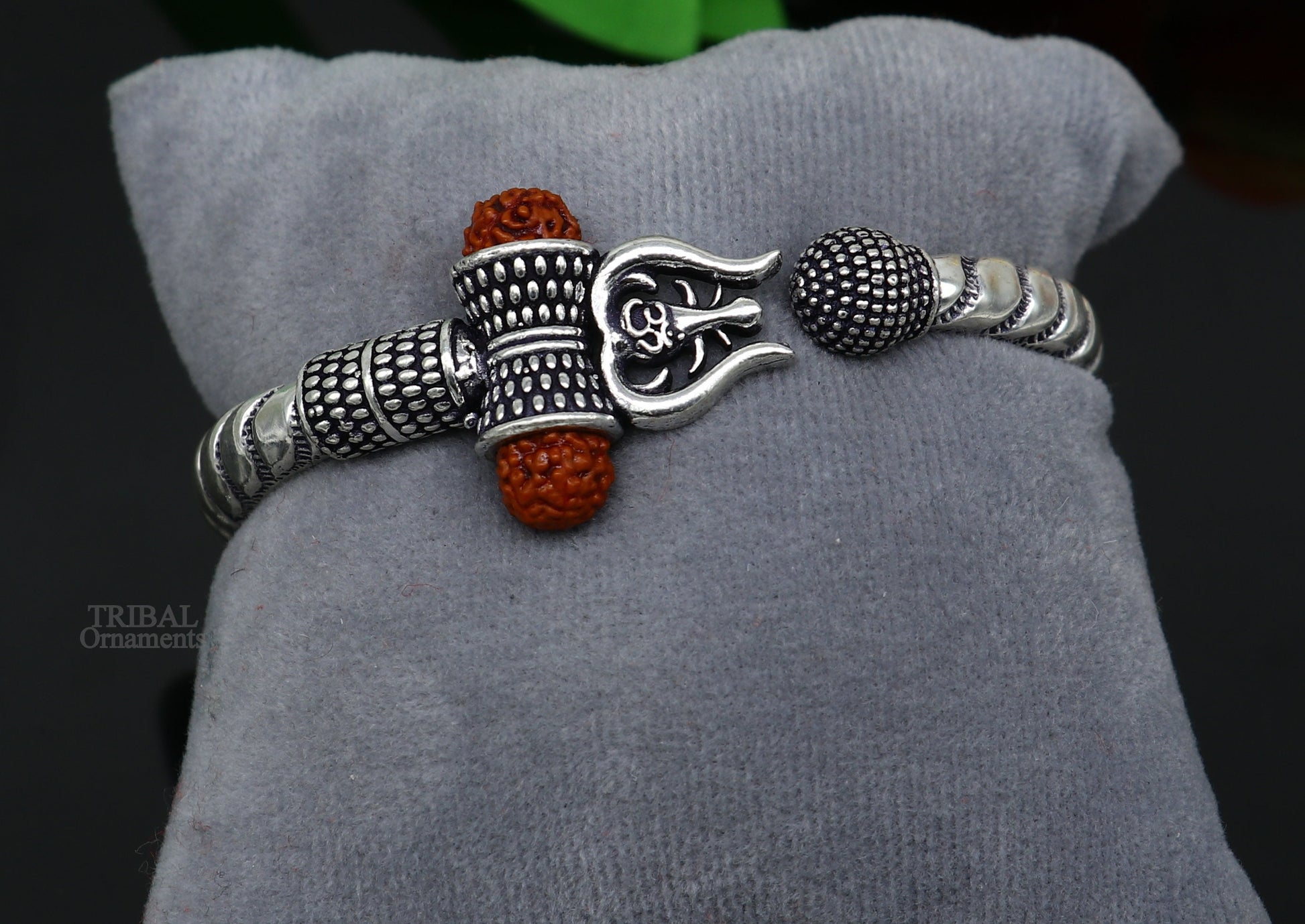 Exclusive 925 Sterling silver handmade chitai work Lord Shiva trident trishul bangle bracelet natural Rudraksha beads customized kada nsk440 - TRIBAL ORNAMENTS