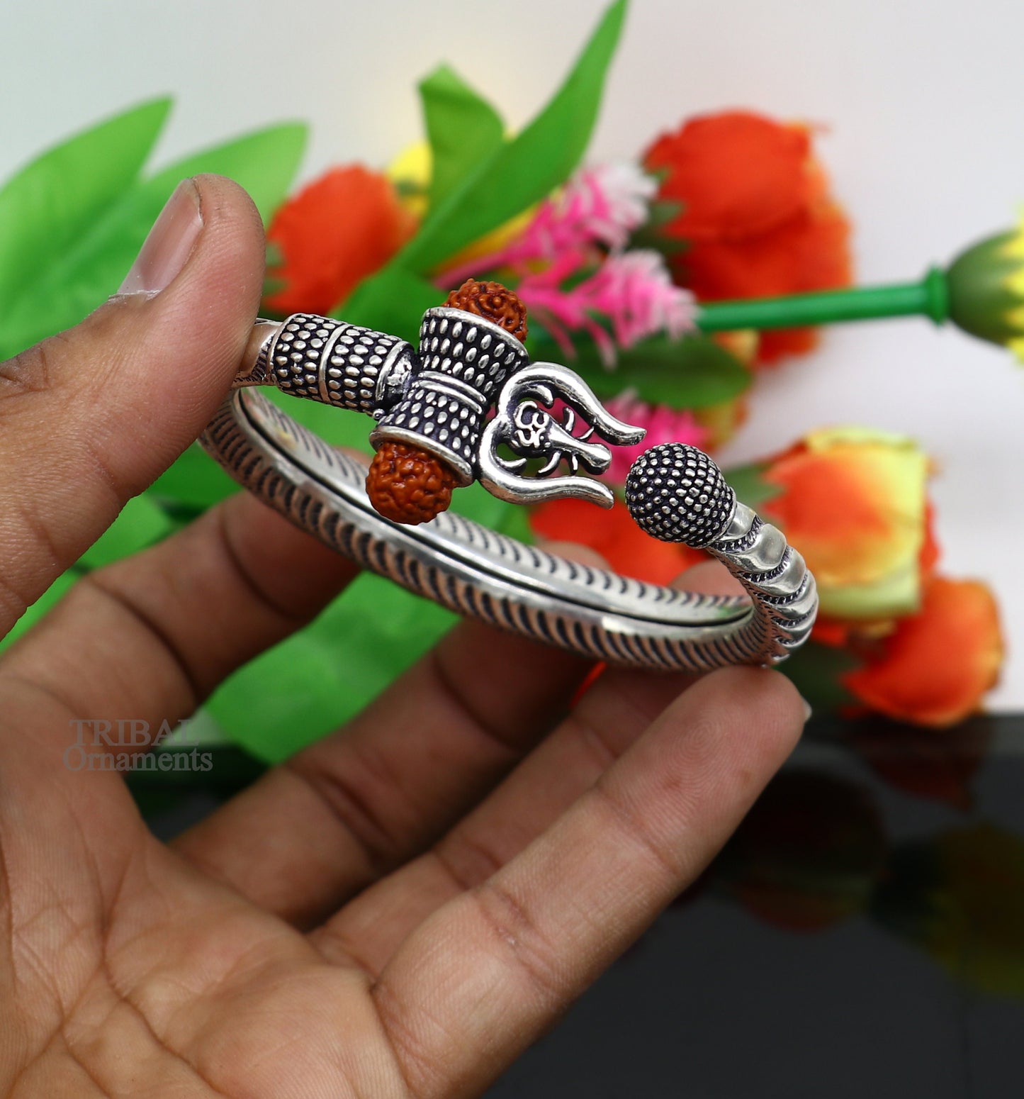 Exclusive 925 Sterling silver handmade chitai work Lord Shiva trident trishul bangle bracelet natural Rudraksha beads customized kada nsk440 - TRIBAL ORNAMENTS