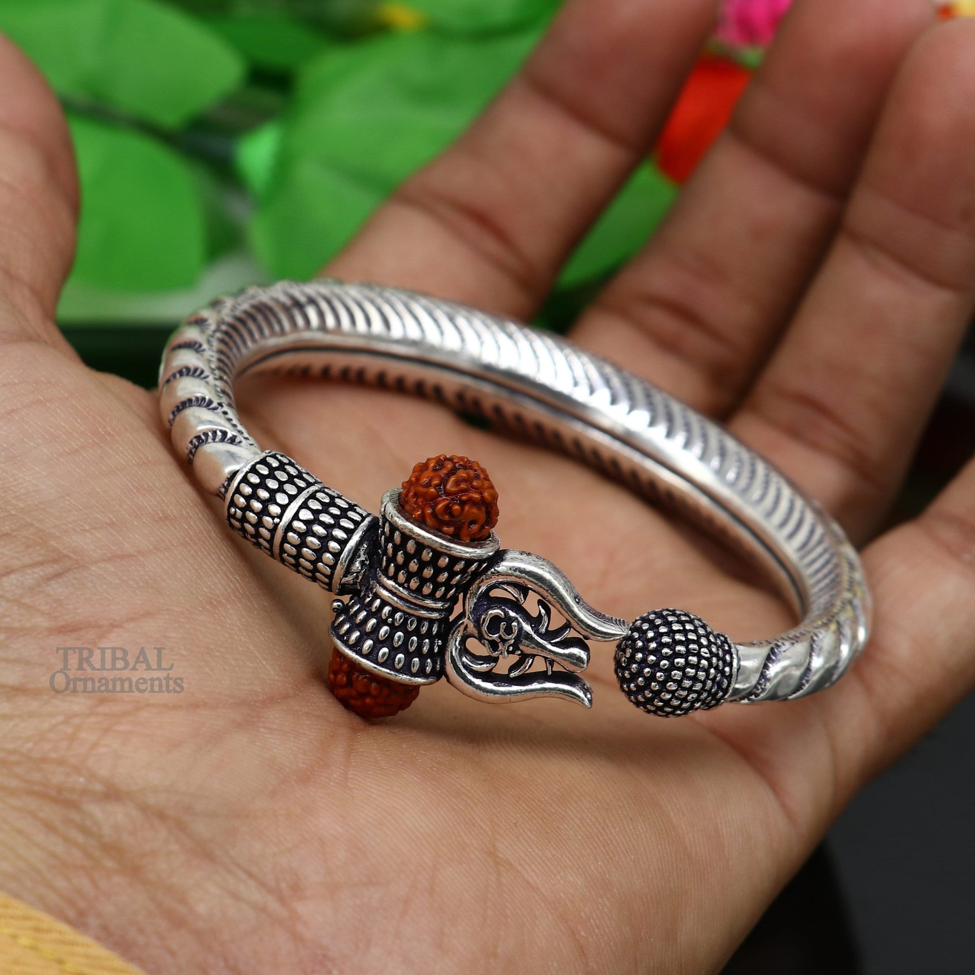 Exclusive 925 Sterling silver handmade chitai work Lord Shiva trident trishul bangle bracelet natural Rudraksha beads customized kada nsk440 - TRIBAL ORNAMENTS