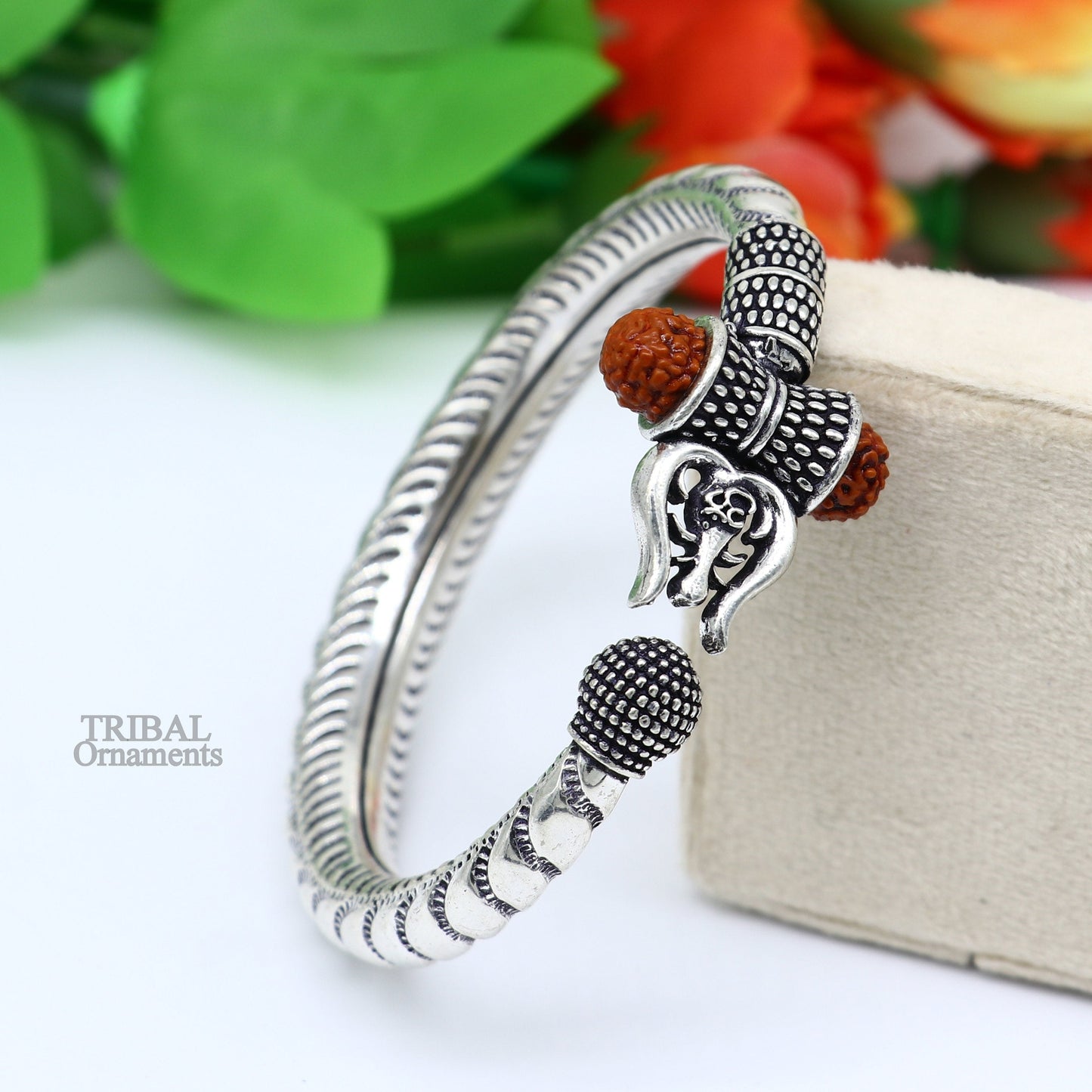 Exclusive 925 Sterling silver handmade chitai work Lord Shiva trident trishul bangle bracelet natural Rudraksha beads customized kada nsk440 - TRIBAL ORNAMENTS