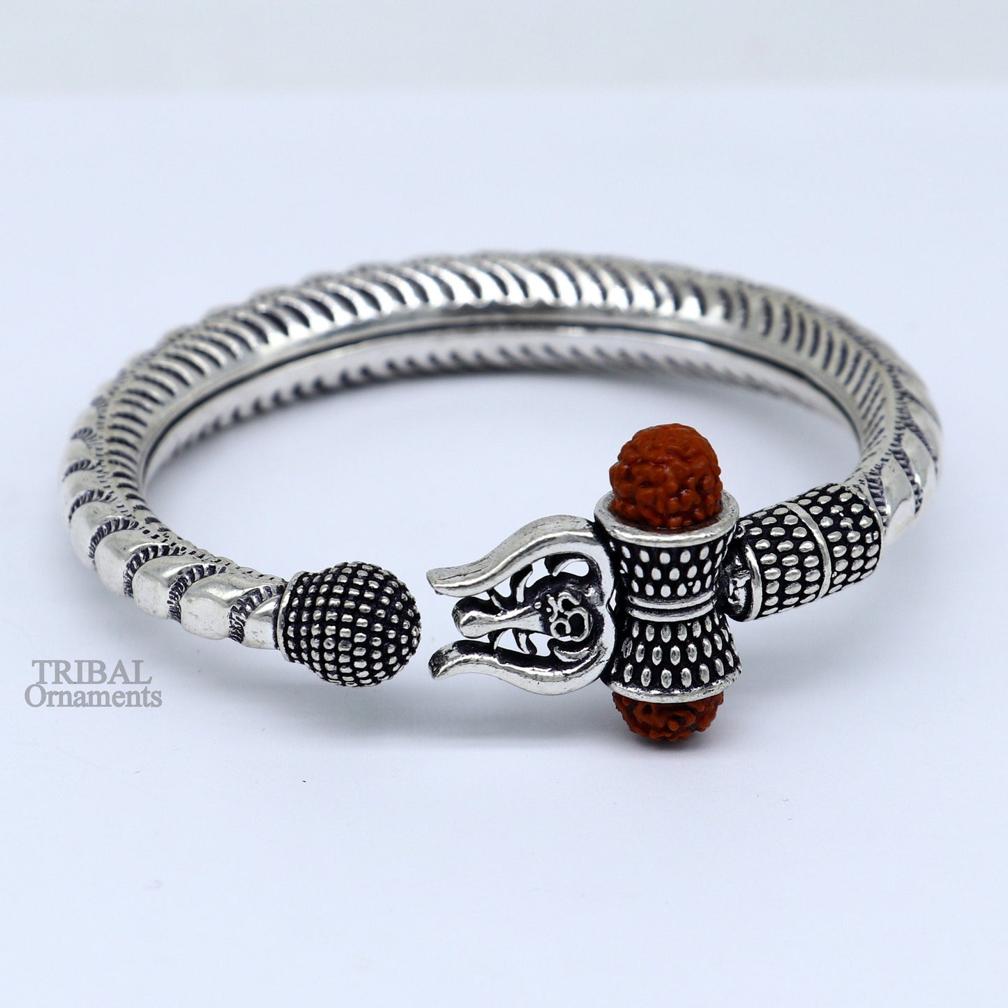 Exclusive 925 Sterling silver handmade chitai work Lord Shiva trident trishul bangle bracelet natural Rudraksha beads customized kada nsk440 - TRIBAL ORNAMENTS