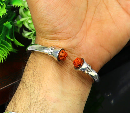 925 sterling silver Rudraksha bangle cuff bracelet from TRIBAL ORNAMENTS, shiny, handmade tribal jewelry with elegant design.