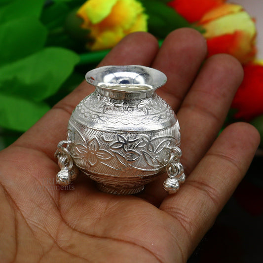 Exclusive 925 sterling silver handmade plain small Kalash or pot, unique special silver puja article, water or milk kalash pot india su704 - TRIBAL ORNAMENTS