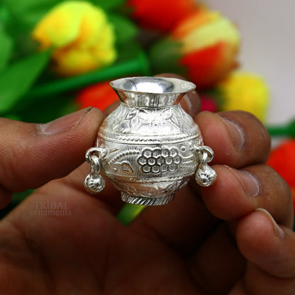 Small handmade 925 sterling silver Kalash pot for puja, featuring a plain design, ideal for water or milk offerings.