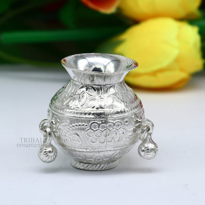 Small handmade 925 sterling silver Kalash pot, traditional Indian puja water or milk vessel, crafted by Tribal Ornaments.