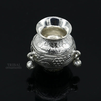 Small handmade 925 sterling silver Kalash pot for puja, featuring a plain design, ideal for water or milk offerings in Indian rituals.