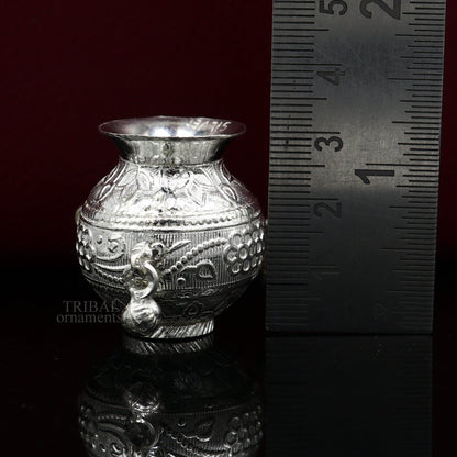 Small handmade 925 sterling silver Kalash pot for puja, with a plain design, used for water or milk offerings in Indian rituals.