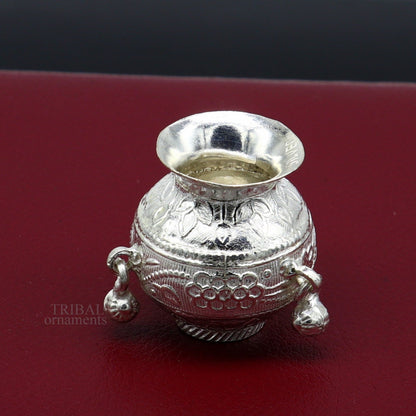 Small handmade 925 sterling silver Kalash pot for puja, plain and unique, ideal for water or milk offerings in Indian rituals.