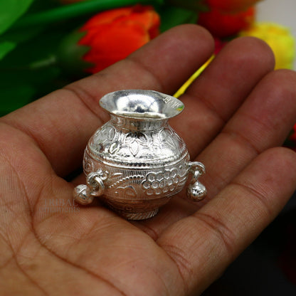 Handmade 925 sterling silver small Kalash pot for puja, featuring a plain design, traditional water or milk container from India.