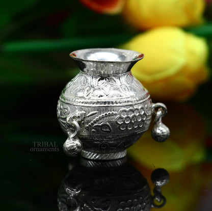 Small handmade 925 sterling silver Kalash pot for puja, traditional water or milk vessel, crafted by Tribal Ornaments in India