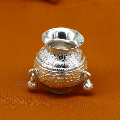 Small handmade 925 sterling silver Kalash or pot for puja, featuring a plain design, used for water or milk in Indian rituals.