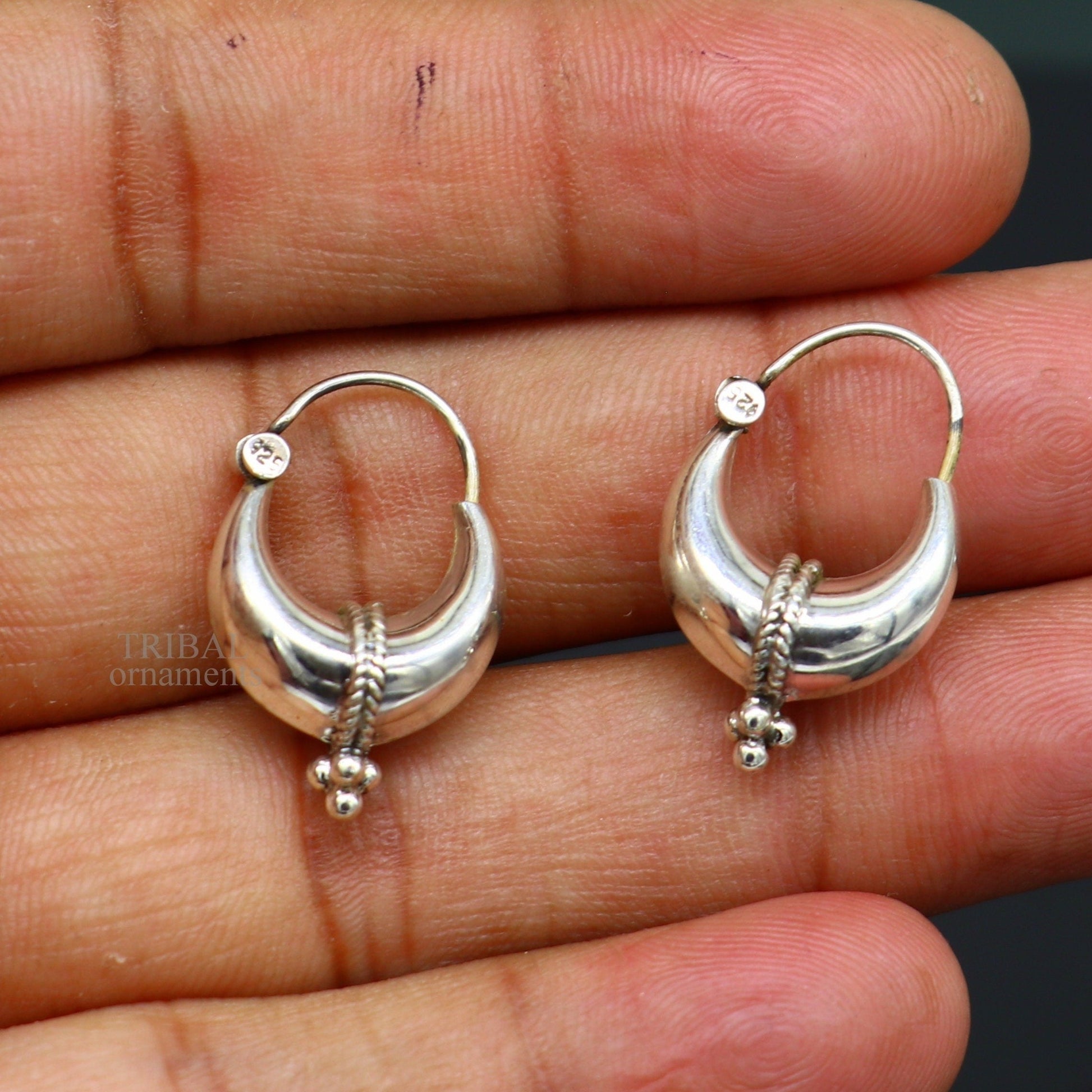 Exclusive 925 sterling silver Handmade vintage ethnic style hoops earrings Kundal unisex tribal stylish unique Bali jewelry India ear1236 - TRIBAL ORNAMENTS