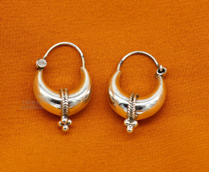 Exclusive 925 sterling silver Handmade vintage ethnic style hoops earrings Kundal unisex tribal stylish unique Bali jewelry India ear1236 - TRIBAL ORNAMENTS