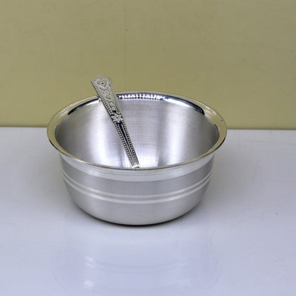 Exclusive 999 pure silver handmade solid bowl and spoon, healthy serving bowl, silver vessels, food serving utensils set, silver art sv83 - TRIBAL ORNAMENTS