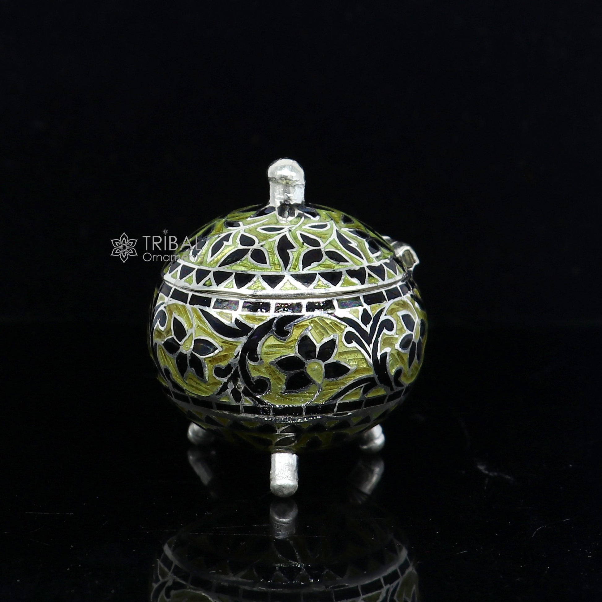 Exclusive enamel work 925 Sterling silver handmade trinket box, Silver container box, casket Sindoor box, enamel work gifting box stb837 - TRIBAL ORNAMENTS