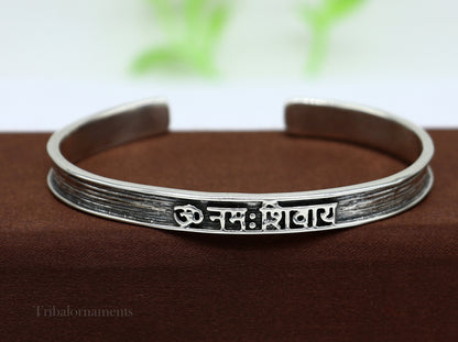Unisex 925 sterling silver "Aum Namah Shivay" mantra cuff bangle bracelet with handmade, adjustable tribal design.