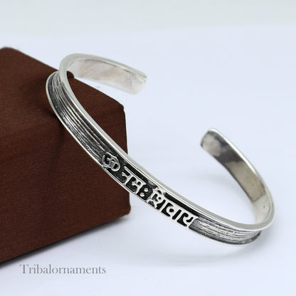 Handmade 925 sterling silver "Aum Namah Shivay" mantra cuff bangle bracelet, unisex design, adjustable, tribal-inspired jewelry.