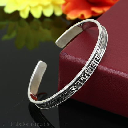 Unisex 925 sterling silver "Aum Namah Shivay" mantra cuff bangle bracelet with adjustable design, handmade tribal jewelry.