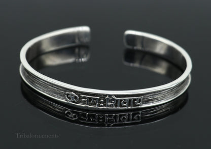 Sterling silver "Aum Namah Shivay" mantra cuff bangle bracelet by TRIBAL ORNAMENTS, unisex adjustable handmade jewelry.