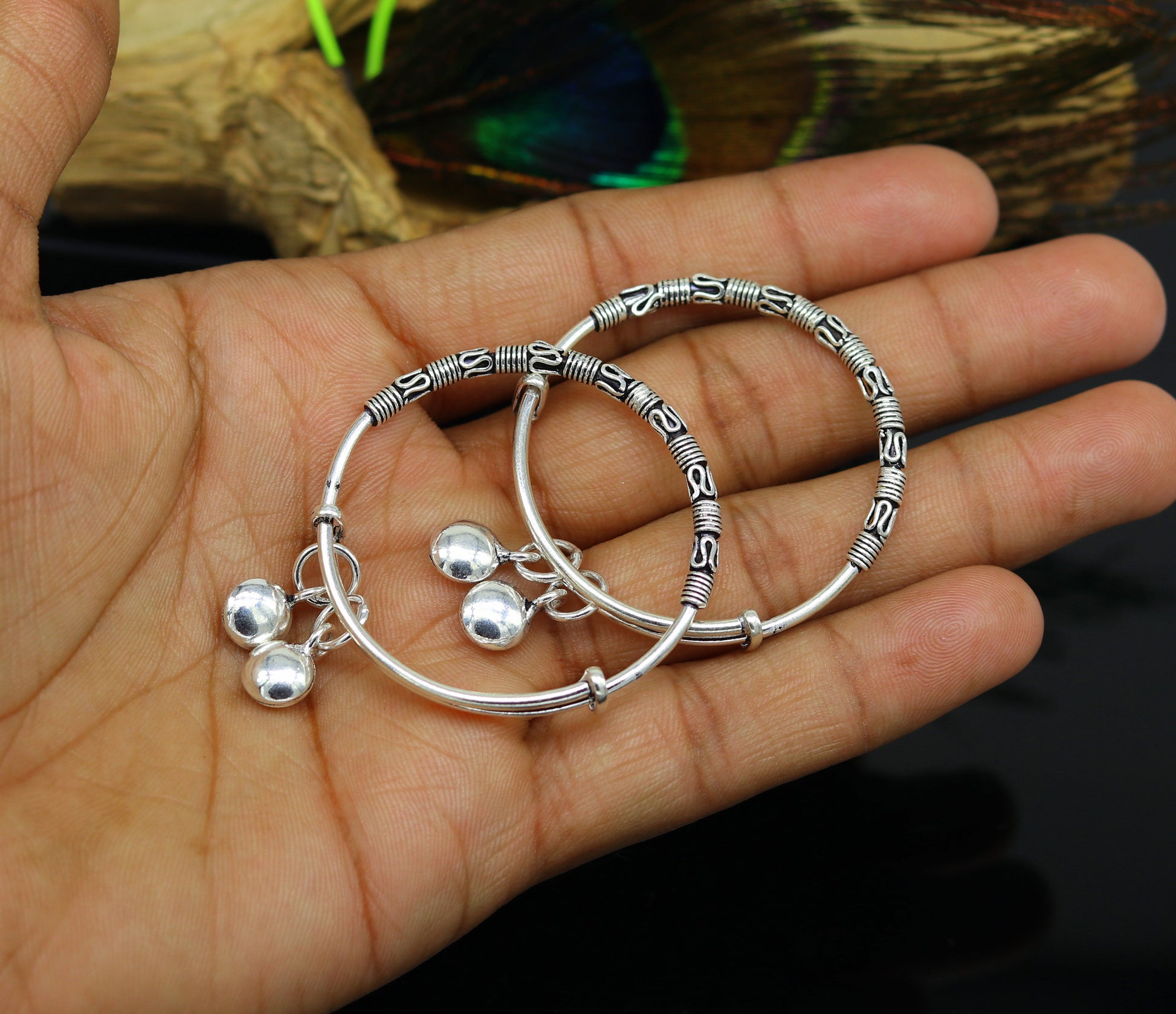 Exclusive stylish 925 sterling silver adjustable charm baby bangles kada, silver new born kids jewelry, oxidized jewelry bbk67 - TRIBAL ORNAMENTS