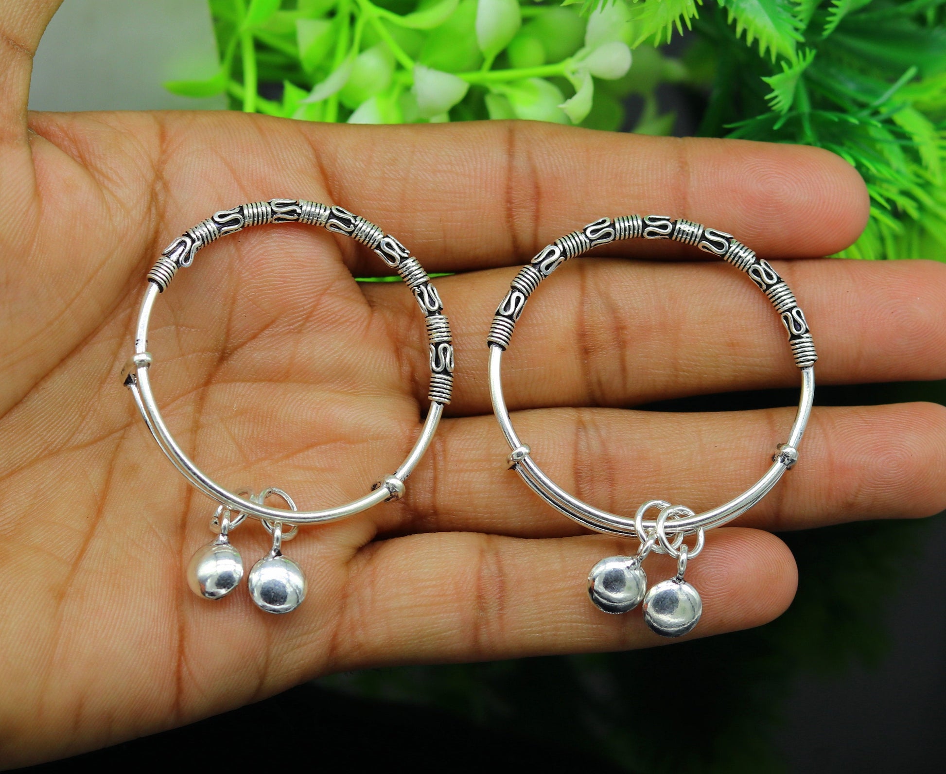 Exclusive stylish 925 sterling silver adjustable charm baby bangles kada, silver new born kids jewelry, oxidized jewelry bbk67 - TRIBAL ORNAMENTS