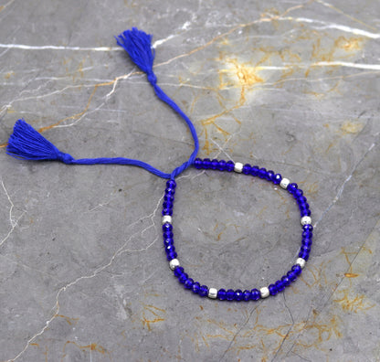 Tribal Ornaments exclusive blue stone and 925 silver beads anklet, custom-made modern beaded jewelry ankle bracelet.